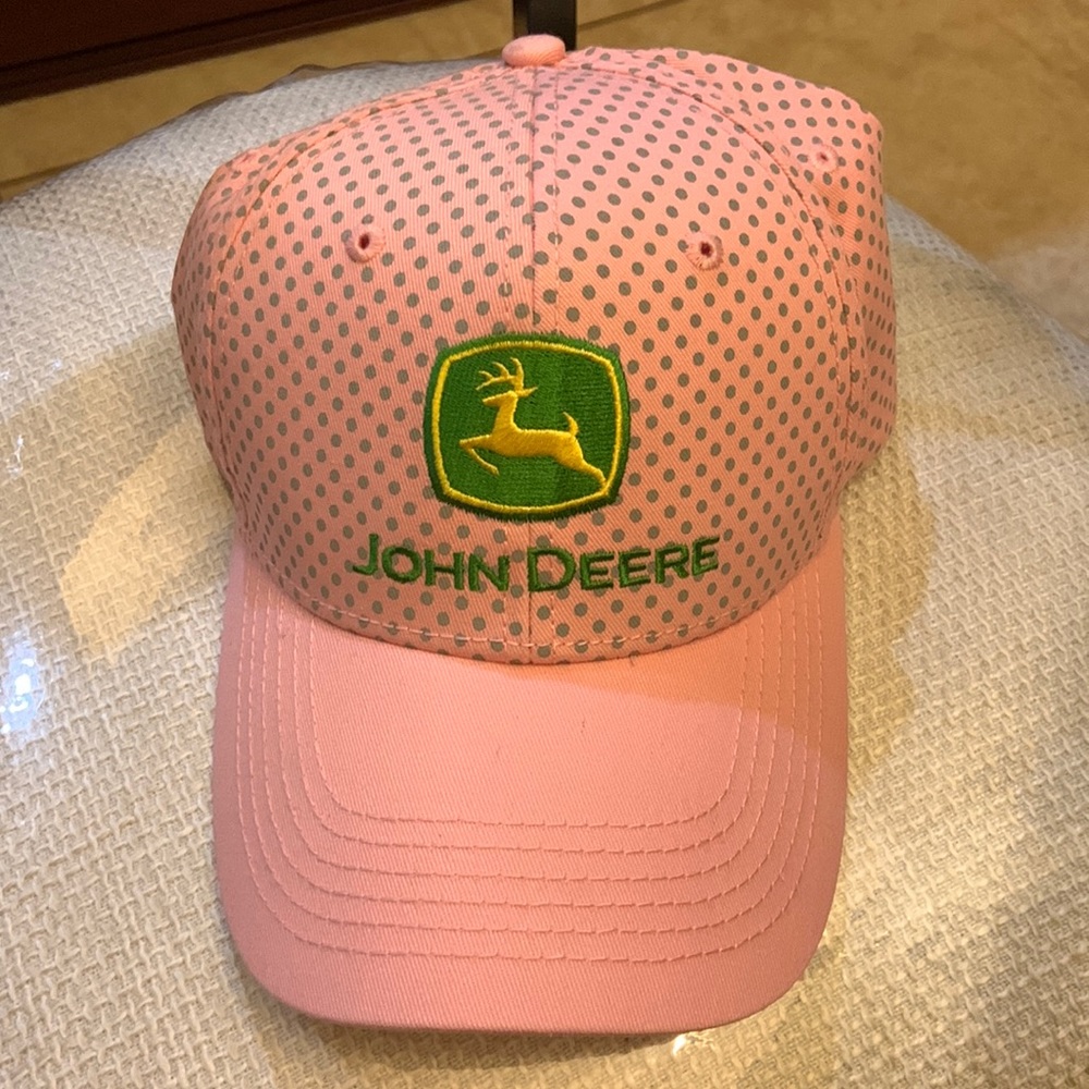 Pink and gray dot John Deere hat‎ with adjustable back.